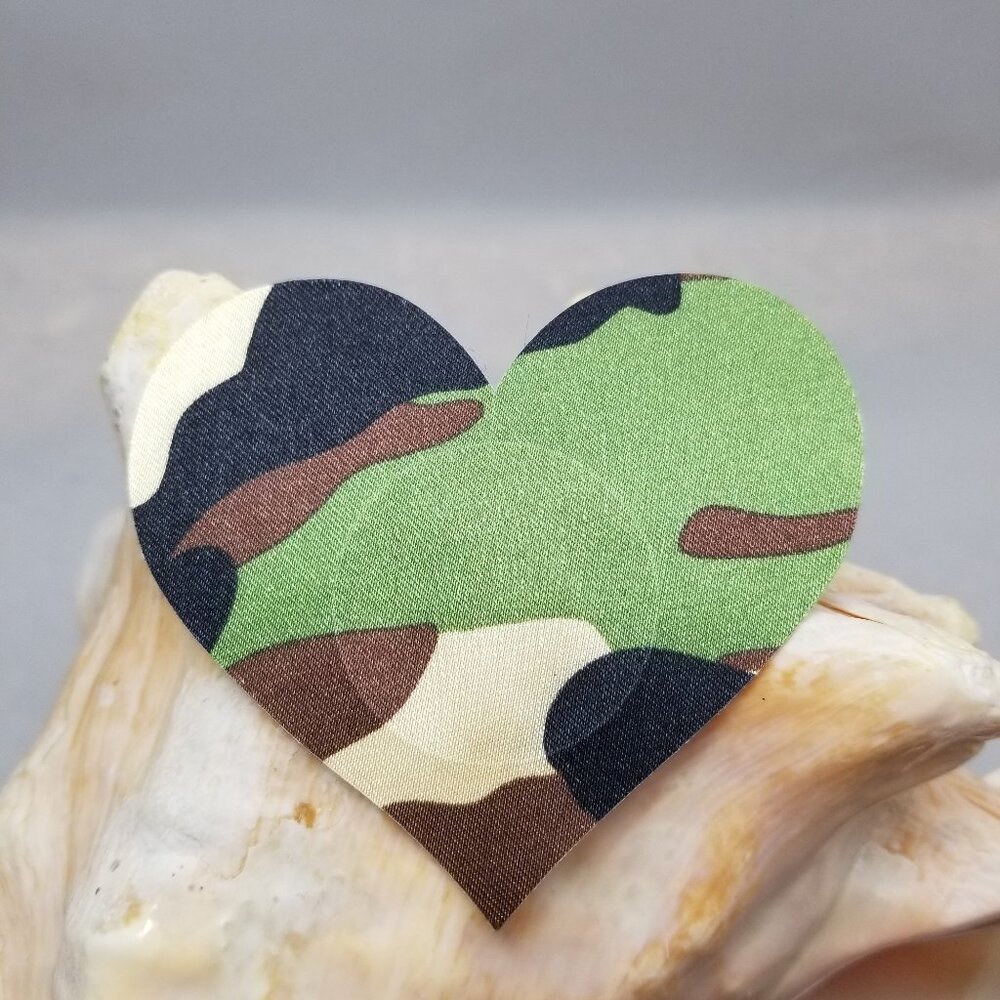 Pair of camo heart pasties nipple covers camouflage green black brown
